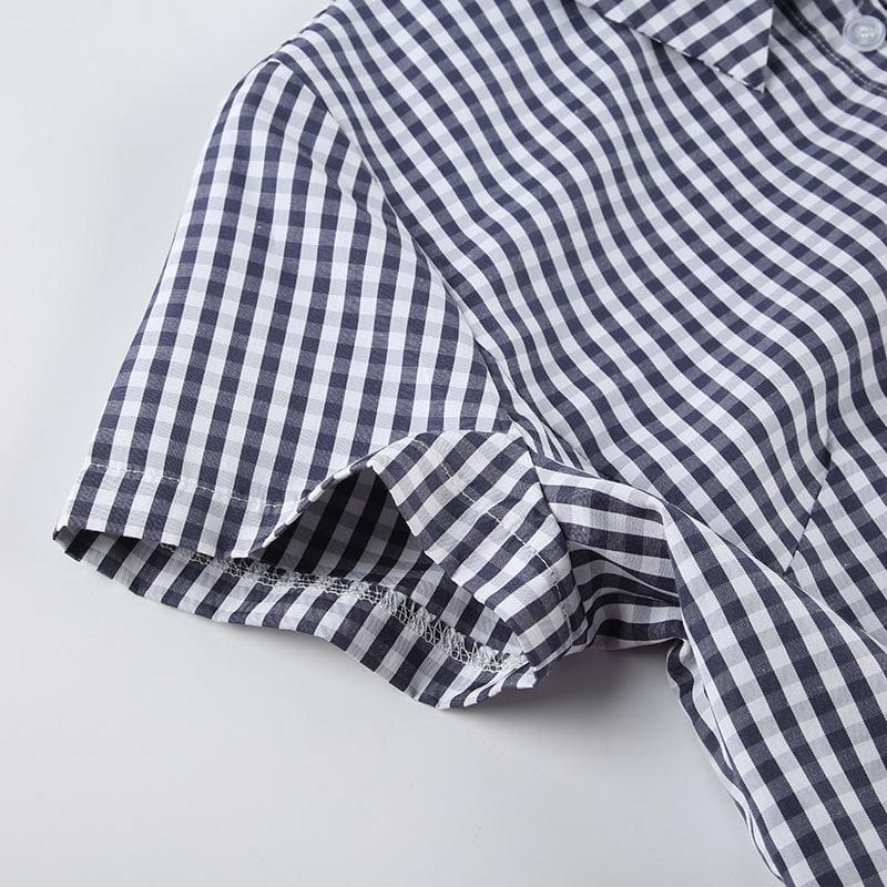 Turnover collar short sleeve plaid print button top