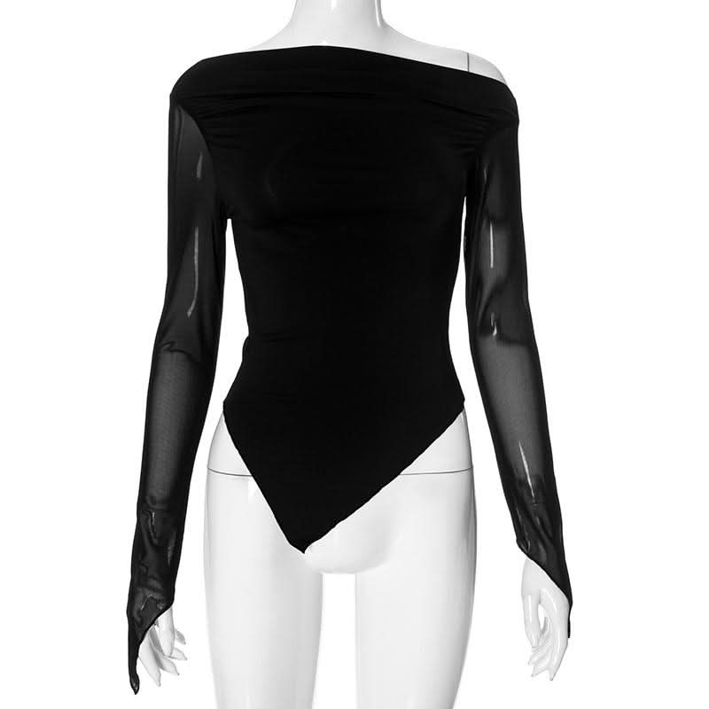 One shoulder long sleeve irregular ruched mesh top
