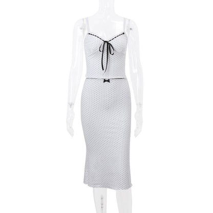 Polka dot v neck bowknot self tie lace hem midi skirt set