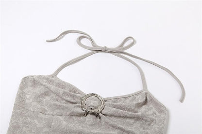 Halter buckle v neck backless ruched abstract contrast top