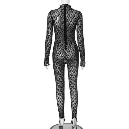 Long sleeve lace high neck zip-up see through jumpsuit