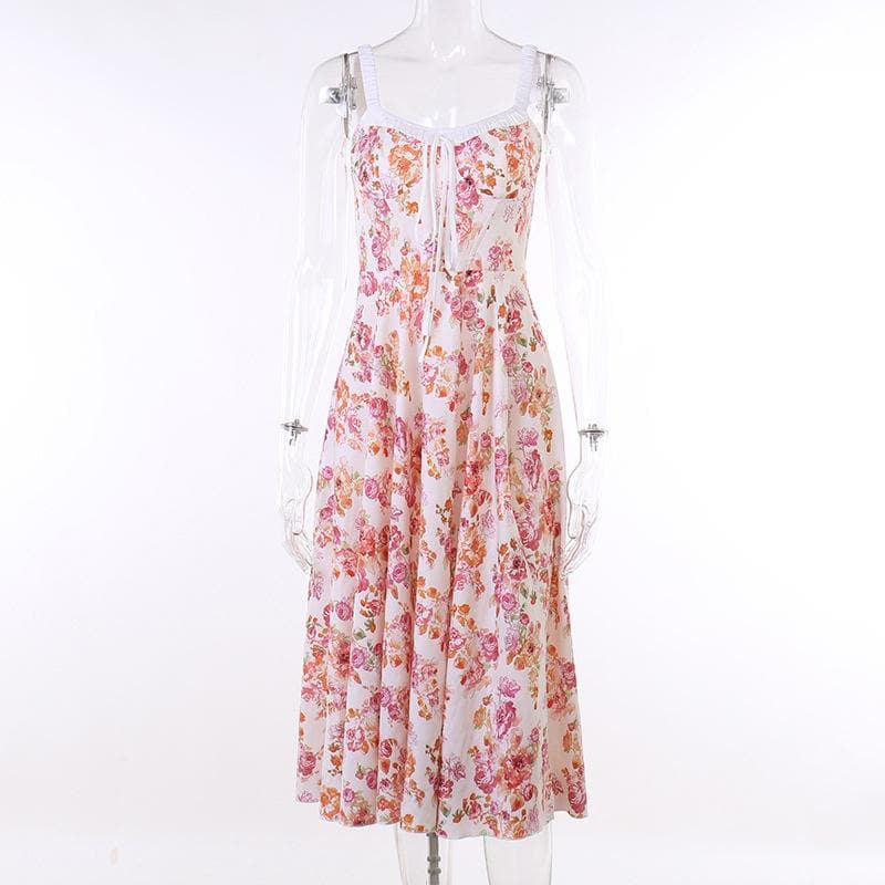 Floral Print Ruched Tie Neck Wide Strap Sleeveless A-Line Maxi Dress