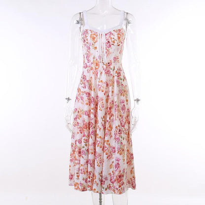 Floral Print Ruched Tie Neck Wide Strap Sleeveless A-Line Maxi Dress