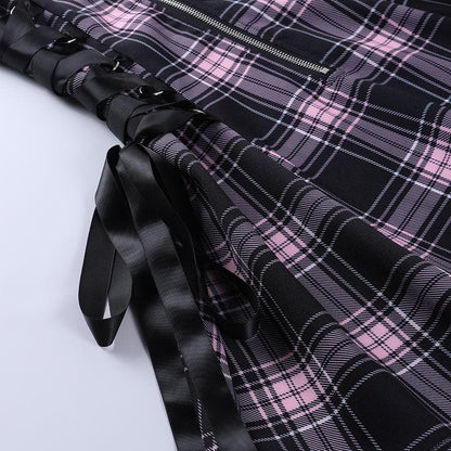 Plaid Print Lace Up Side Tie Spaghetti Strap Mini Dress