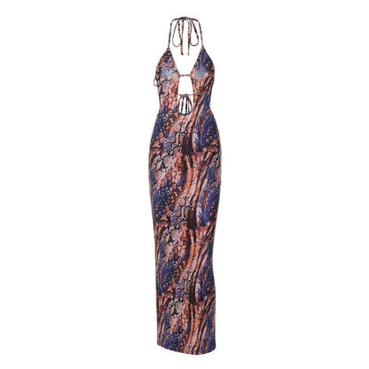 Backless hollow out halter self tie contrast print cut out maxi dress