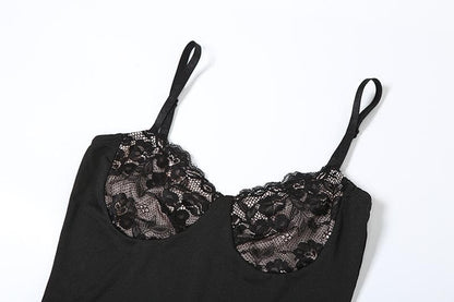 Sweetheart neck lace slit patchwork cami maxi dress