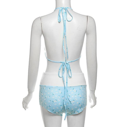 Halter self tie bowknot flower print pant set
