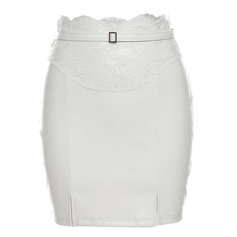 Slit lace hem PU leather belt solid mini skirt
