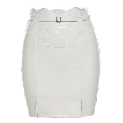 Slit lace hem PU leather belt solid mini skirt