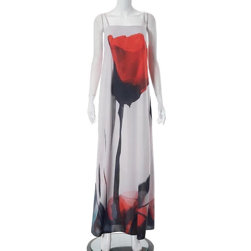 Abstract Ink Wash Floral Square Neck Spaghetti Strap Maxi Dress