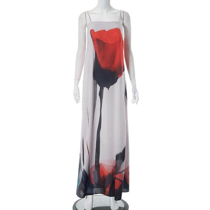 Abstract Ink Wash Floral Square Neck Spaghetti Strap Maxi Dress
