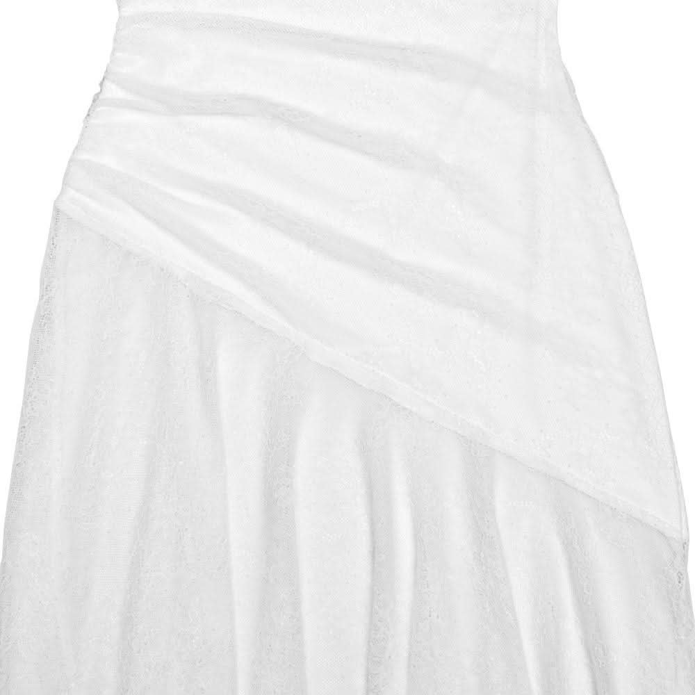 V neck ruched irregular lace spaghetti strap midi dress