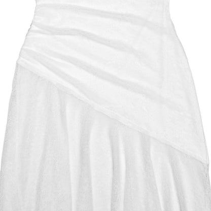 V neck ruched irregular lace spaghetti strap midi dress