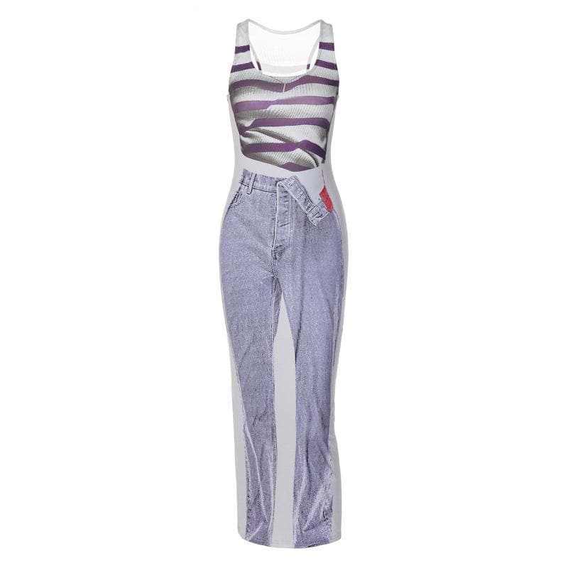 Tank Print Trompe Loeil Denim Graphic Bodycon Maxi Dress