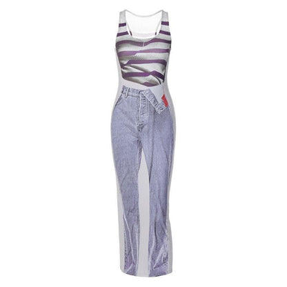 Tank Print Trompe Loeil Denim Graphic Bodycon Maxi Dress