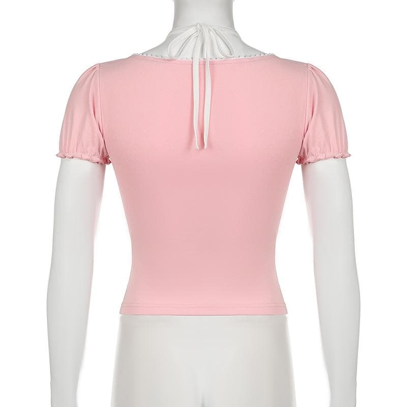 Short puff sleeve halter patchwork bowknot top