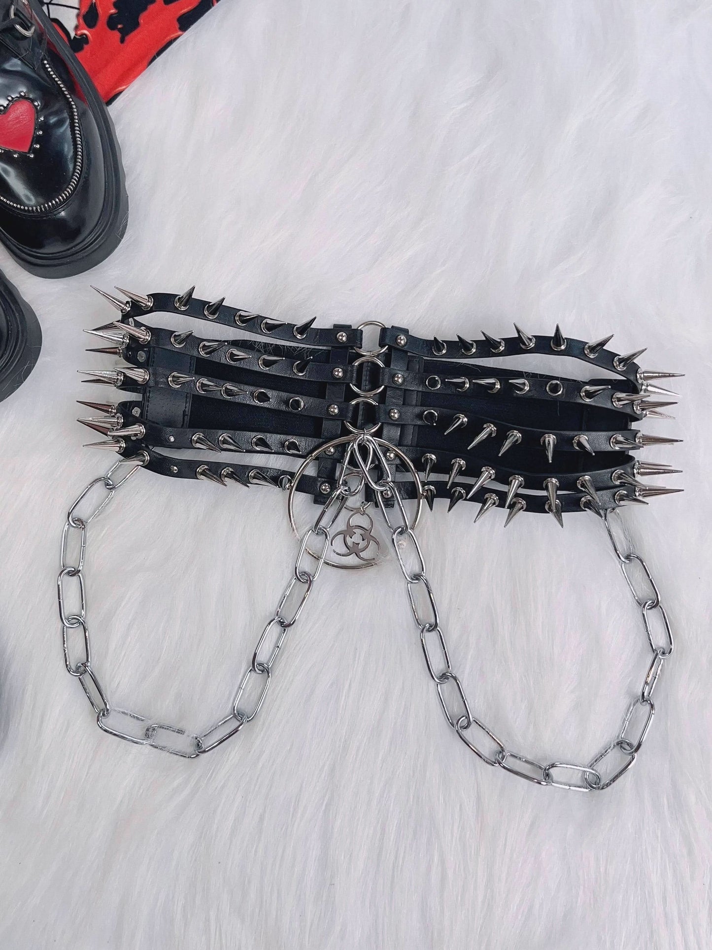 PU leather rivet o ring waist chain