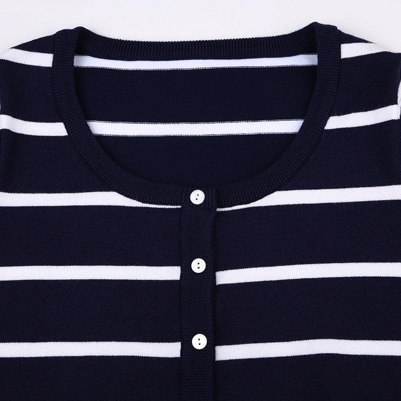 Round neck long sleeve button striped ribbed top