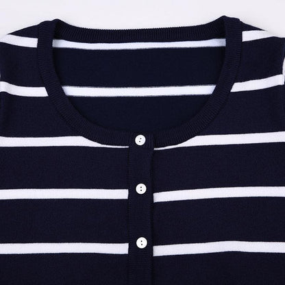 Round neck long sleeve button striped ribbed top