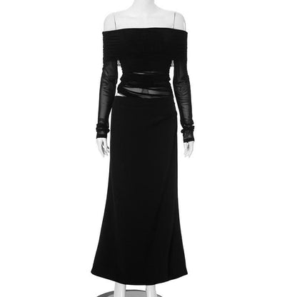 Off shoulder long sleeve mesh patchwork ruched hollow out maix dress