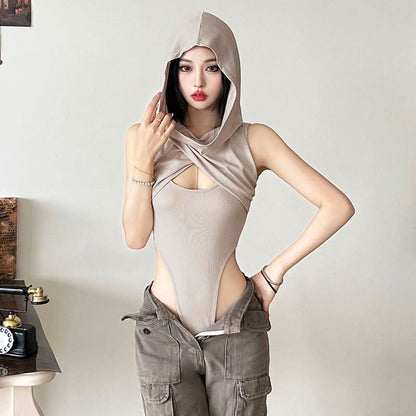 Hoodie sleeveless cross front hollow out bodysuit