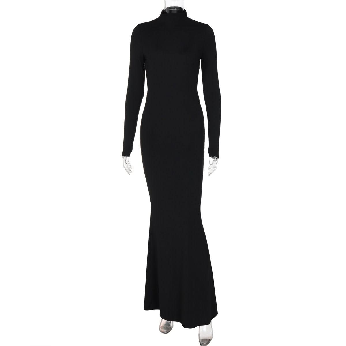 Long sleeve high neck backless solid maxi dress