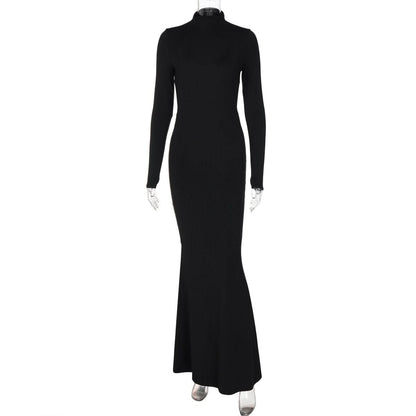 Long sleeve high neck backless solid maxi dress