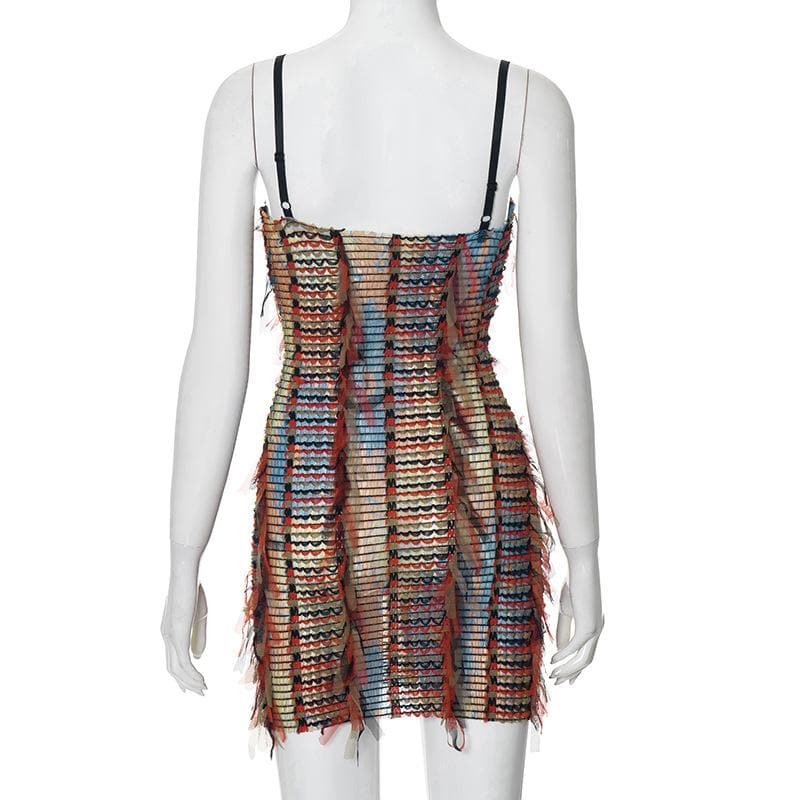 Mesh ruffle stitch contrast textured cami mini dress