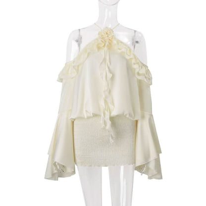 Flared sleeve halter backless ruffle drawstring mini dress