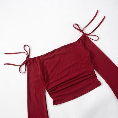 Off shoulder long sleeve ruched self tie top