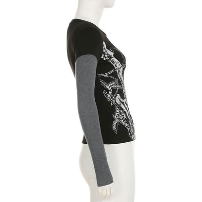 Long sleeve crewneck abstract print patchwork top