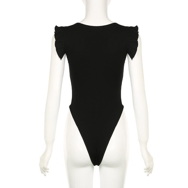 Mesh ruffle v neck metal tag bodysuit