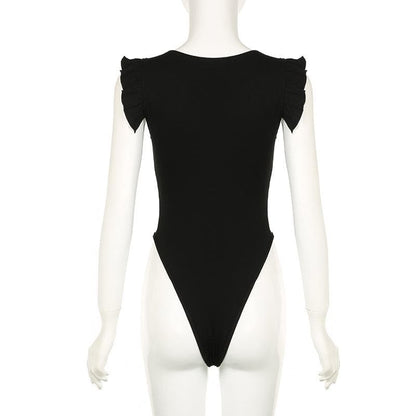 Mesh ruffle v neck metal tag bodysuit