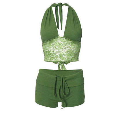 Halter lace hem drawstring ribbed crop pant set