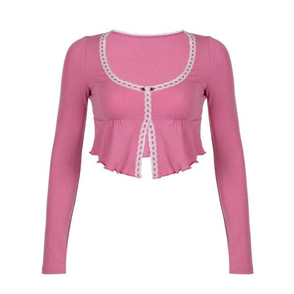 Ruffle long sleeve u neck lace hem slit contrast crop top