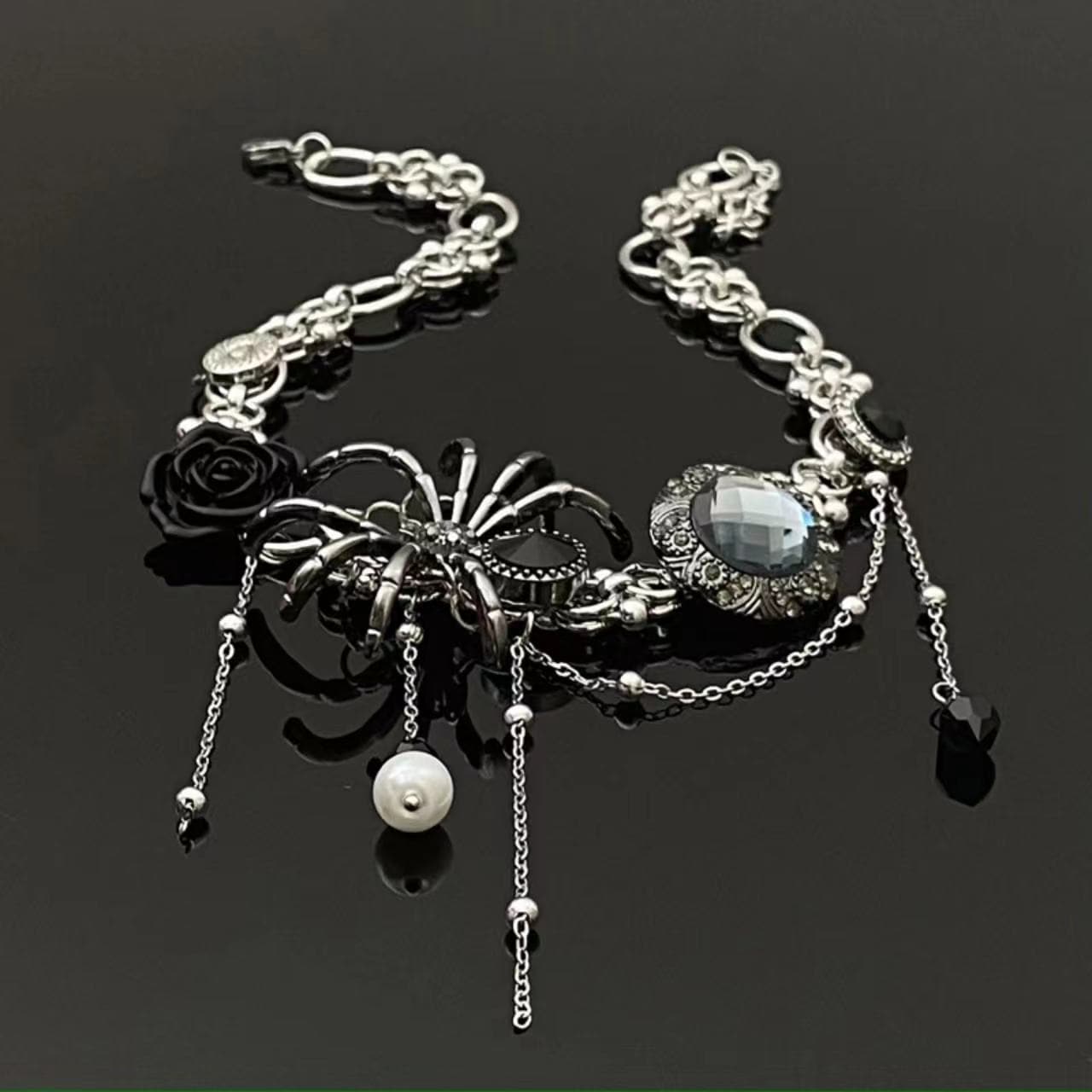 Spider rose beaded metal chain choker necklace