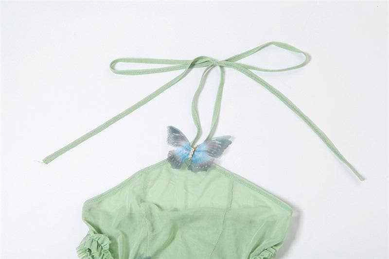 Halter sheer mesh butterfly applique backless maxi dress