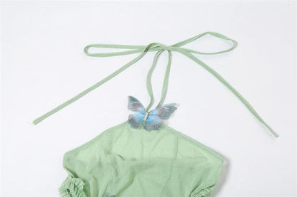 Halter sheer mesh butterfly applique backless maxi dress