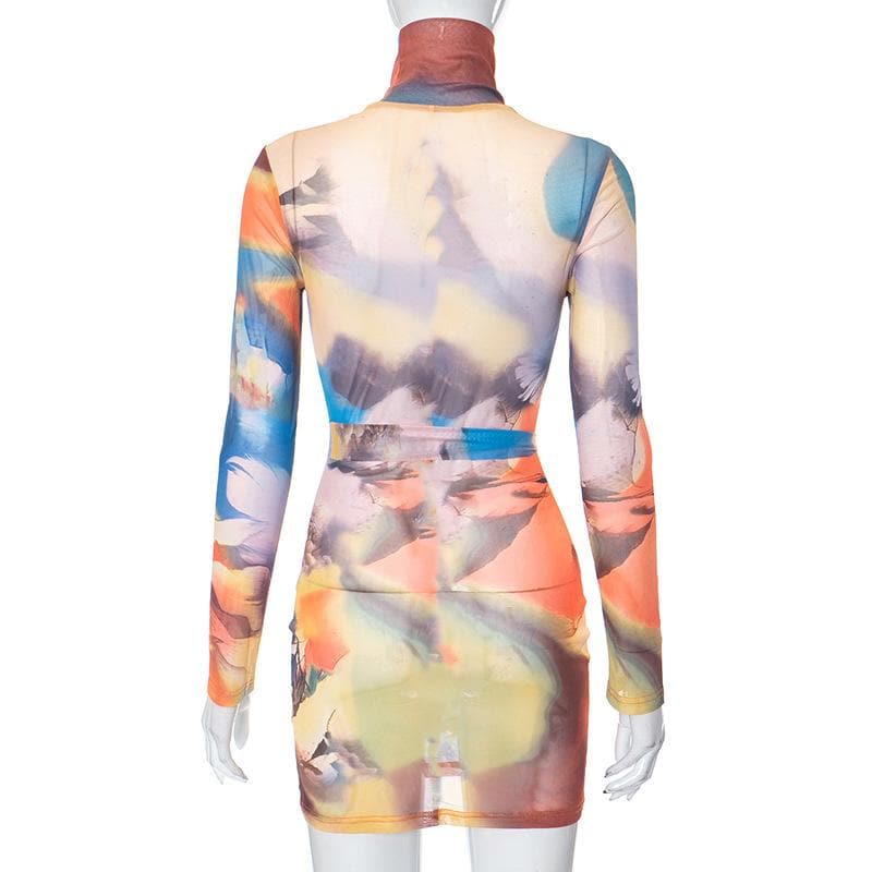 Self tie sheer mesh long sleeve high neck contrast print mini dress