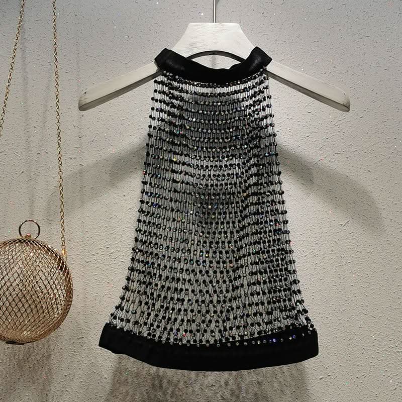 Crewneck hollow out see through beaded button cut out top