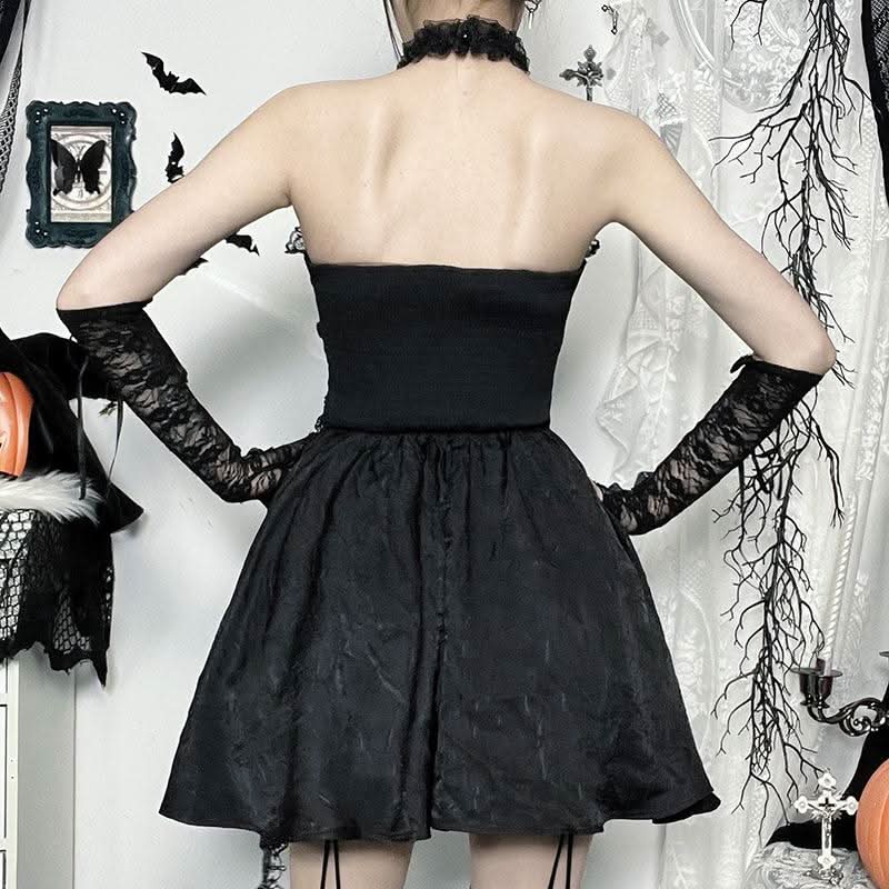 Halter ruffle hollow out lace hem cut out mini dress