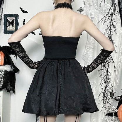 Halter ruffle hollow out lace hem cut out mini dress