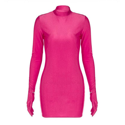 High neck long sleeve gloves solid mini dress