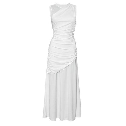 Crewneck ruched patchwork irregular tank midi dress