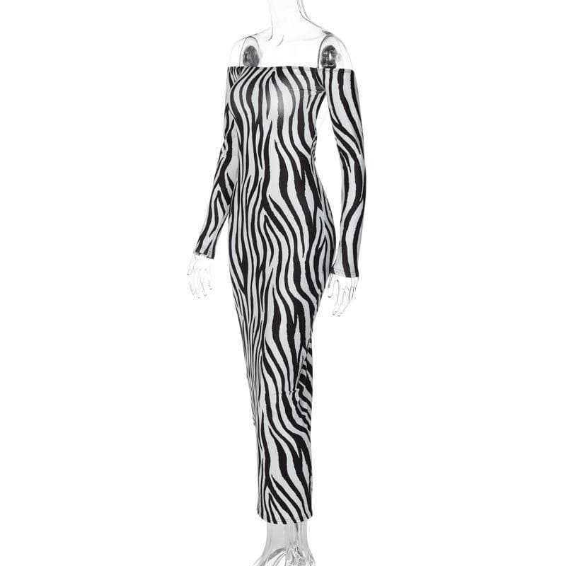 Zebra print off shoulder long sleeve contrast maxi dress