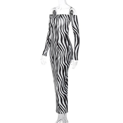 Zebra print off shoulder long sleeve contrast maxi dress