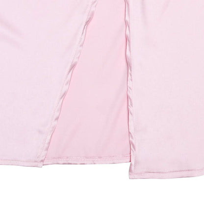 Ruched high slit satin round neck backless maxi dress