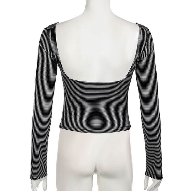 Long sleeve u neck striped backless top