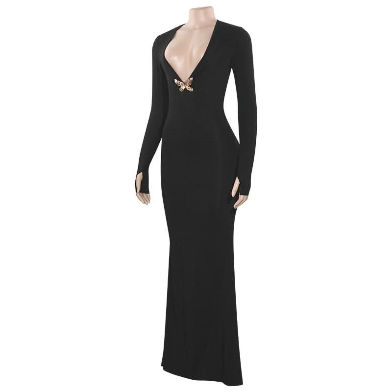 V neck long sleeve butterfly applique maxi dress
