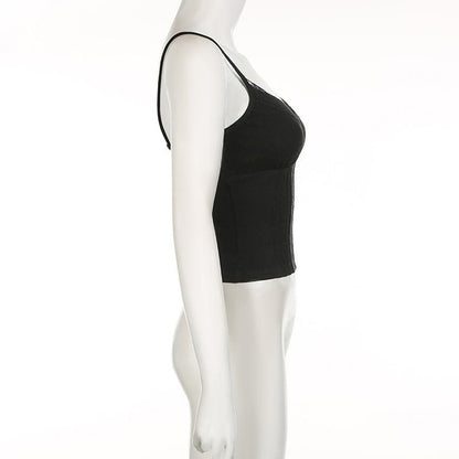 Stitch v neck lace hem backless solid cami top